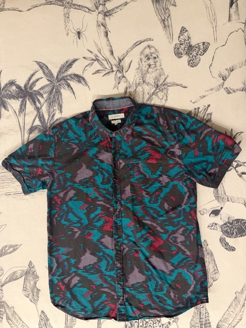 Coastal Men's M Abstract Print Short Sleeve Shirt Teal Burgundy 90s Style
